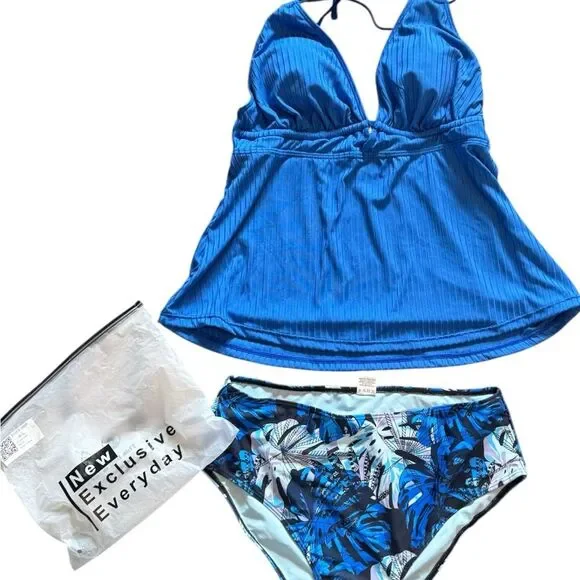 NIP Modlily Royal Blue Ribbed Tankini Set - Mid-Rise Palm Print - Size Large - Picture 2 of 4